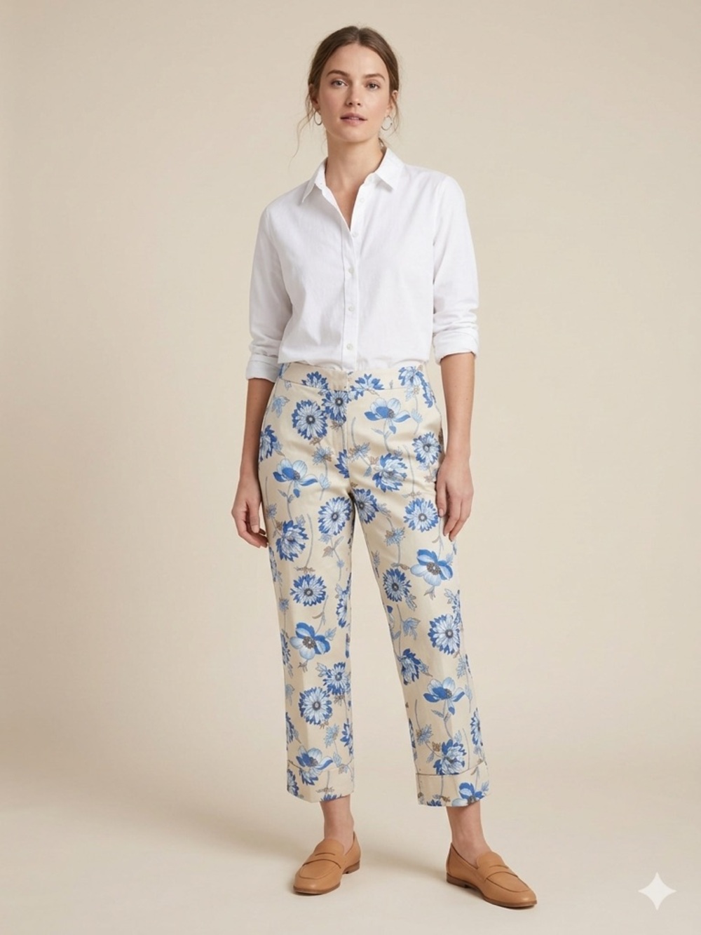 Rafaella Floral Cropped Ankle Pants Blue Tan Size 8